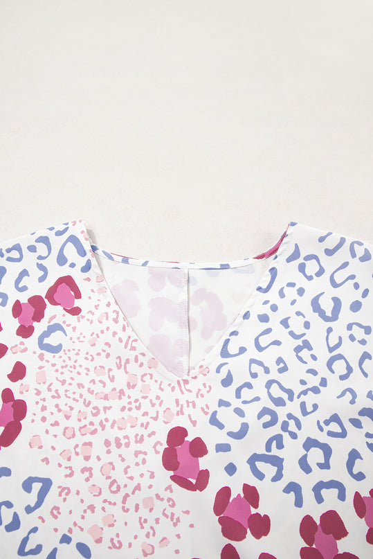 Leopard Print V Neck Short Sleeve Blouse