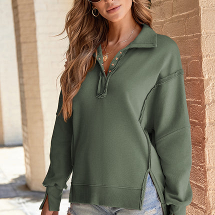 White Buttoned Collared Raw Detail High Low Baggy Sweatshirt with Slits