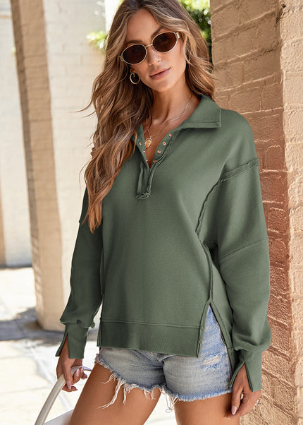 White Buttoned Collared Raw Detail High Low Baggy Sweatshirt with Slits