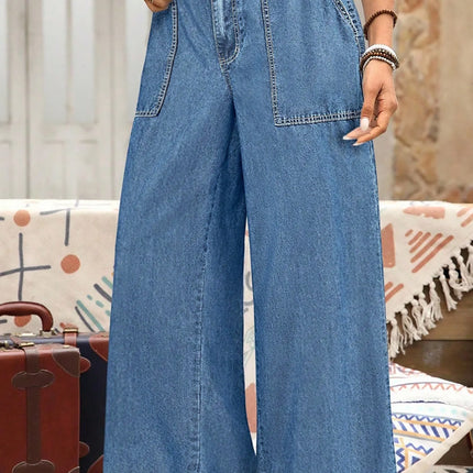 Sail Blue Plus Size Elastic Waist Ruffled Wide Leg Denim Pants