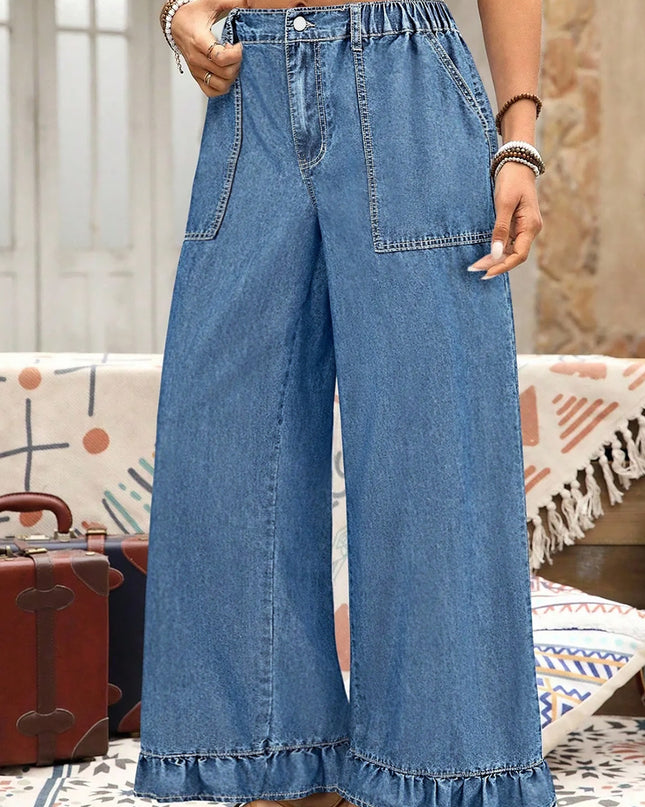 Sail Blue Plus Size Elastic Waist Ruffled Wide Leg Denim Pants