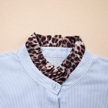 Sky Blue Stripe Ruffled Leopard Patchwork Long Sleeve Button Down Loose Shirt