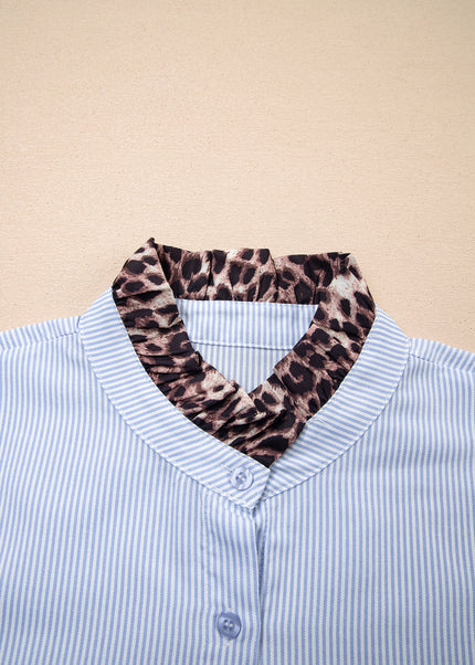 Sky Blue Stripe Ruffled Leopard Patchwork Long Sleeve Button Down Loose Shirt