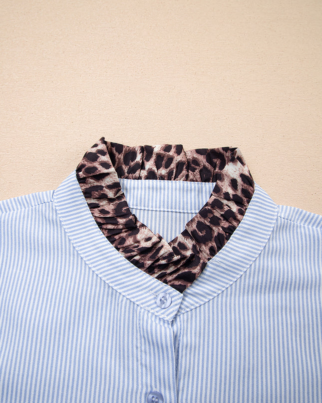 Sky Blue Stripe Ruffled Leopard Patchwork Long Sleeve Button Down Loose Shirt