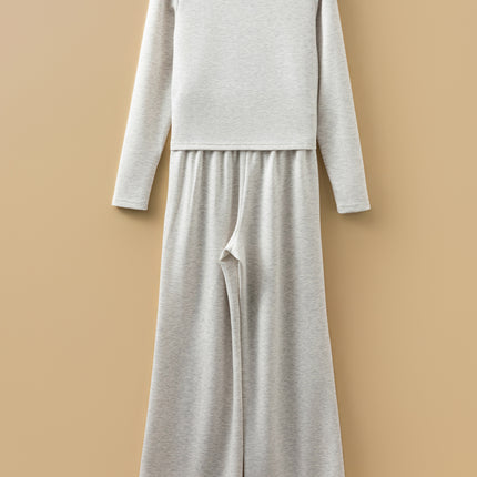 Light Grey Long Sleeve High Neck Slim Top Smocked Waist Central Seam Pants Set