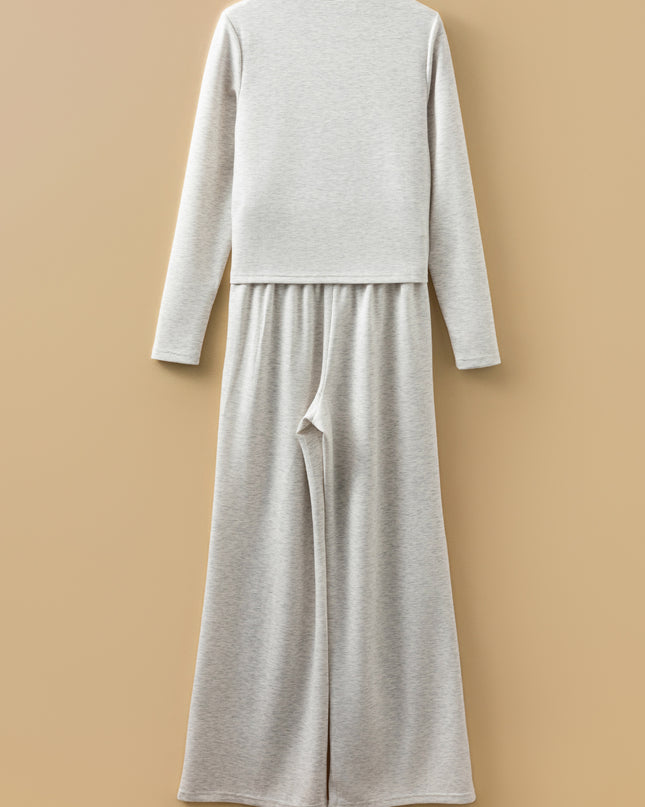Light Grey Long Sleeve High Neck Slim Top Smocked Waist Central Seam Pants Set
