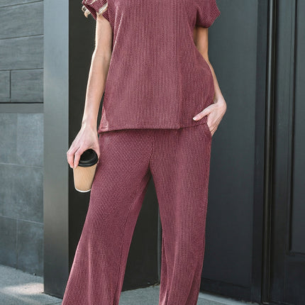 Dark Grey Twisted Ribbed High Neck Loose Tee Elastic High Waist Loose Pant Set