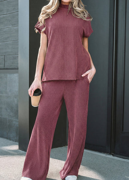Dark Grey Twisted Ribbed High Neck Loose Tee Elastic High Waist Loose Pant Set