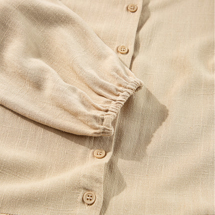 Tan Puff Sleeve Buttoned Tiered Pleated Shirt Mini Dress