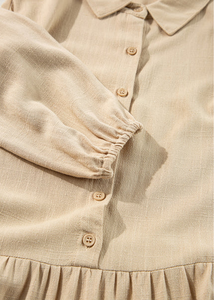 Tan Puff Sleeve Buttoned Tiered Pleated Shirt Mini Dress