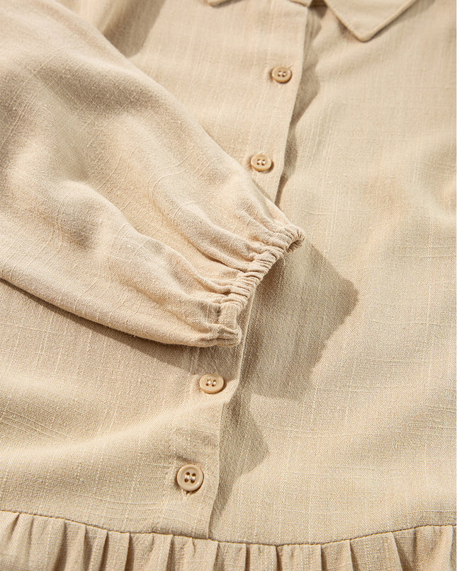 Tan Puff Sleeve Buttoned Tiered Pleated Shirt Mini Dress