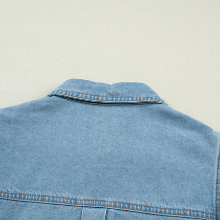 Myosotis Ruffle Detail Short Puff Sleeve Button Down Flap Pocket Denim Shirt
