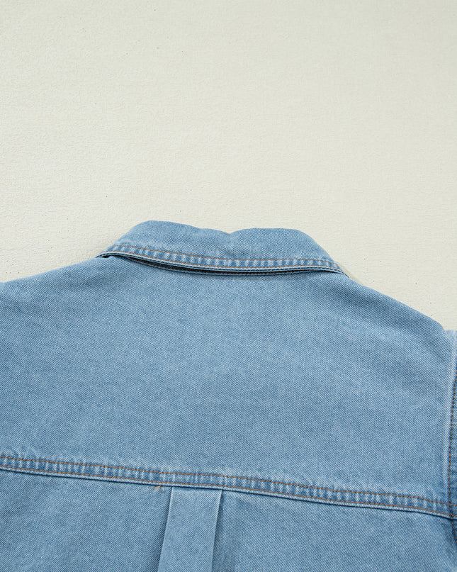Myosotis Ruffle Detail Short Puff Sleeve Button Down Flap Pocket Denim Shirt