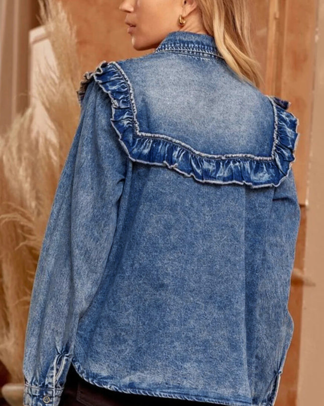 Dusk Blue Vintage Wash Denim Ruffle Detail Button Down Shirt