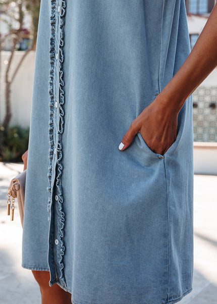 Myosotis Frilled Detail Button Down Ruffle Short Sleeve Denim Mini Dress
