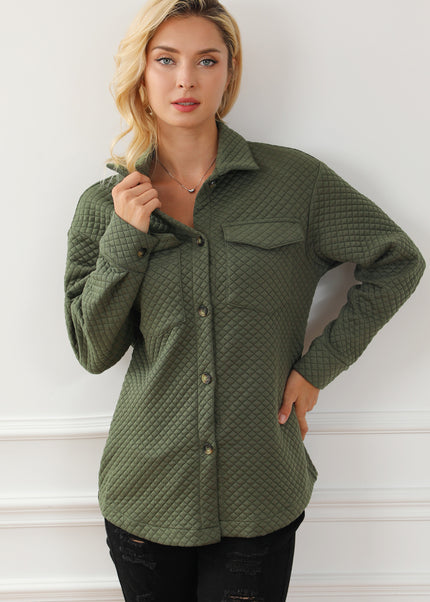 Black Retro Quilted Flap Pocket Button Shacket