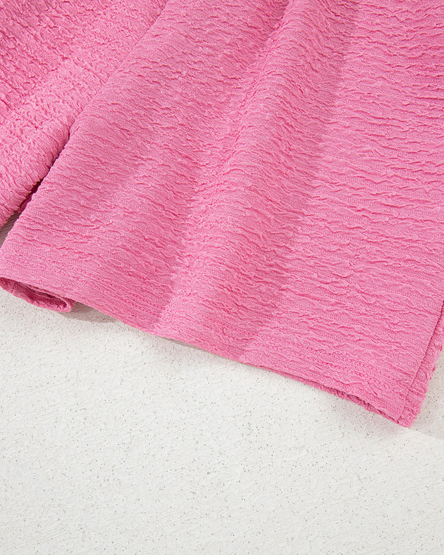 Pink Textured V Neck T Shirt and Shorts Set