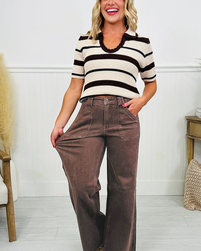 Dark Brown Retro Washed Patch Pocket Loose Jeans