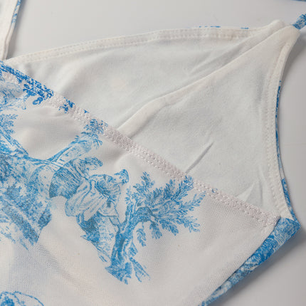Sky Blue Random Printed Mesh Bow Detail Halterneck Tank Top