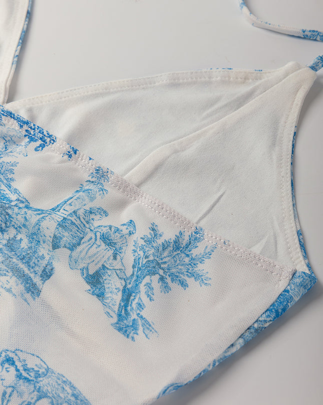 Sky Blue Random Printed Mesh Bow Detail Halterneck Tank Top