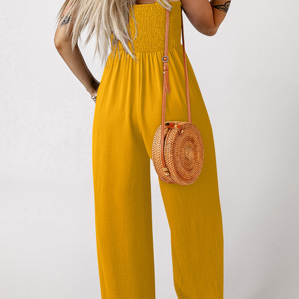 Ginger Smocked Sleeveless Wide Leg Jumpsuit with Pockets