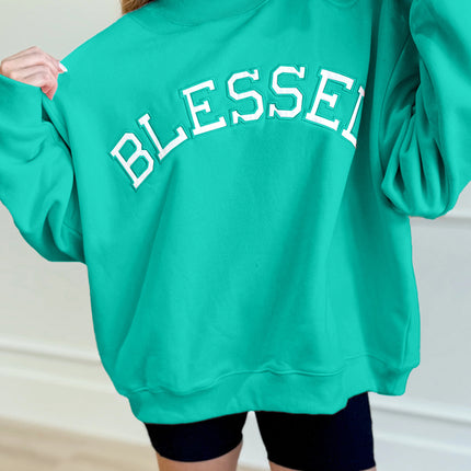 Bright Pink Oversize Blessed Embroidered Mock Neck Sweatshirt