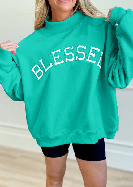 Bright Pink Oversize Blessed Embroidered Mock Neck Sweatshirt
