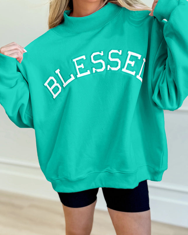 Bright Pink Oversize Blessed Embroidered Mock Neck Sweatshirt