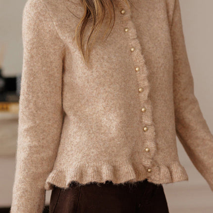 Oatmeal Ruffle Trim Gold Button Sweater Cardigan