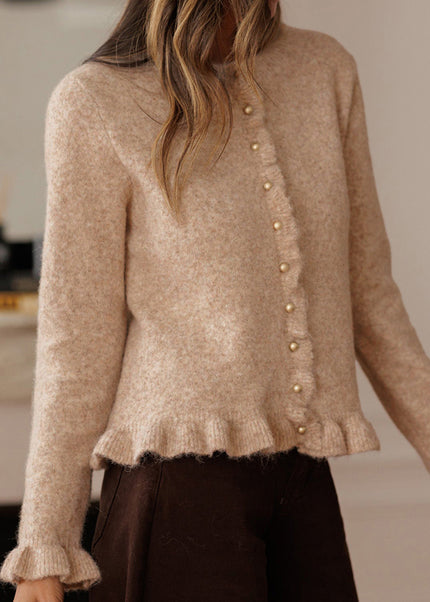 Oatmeal Ruffle Trim Gold Button Sweater Cardigan