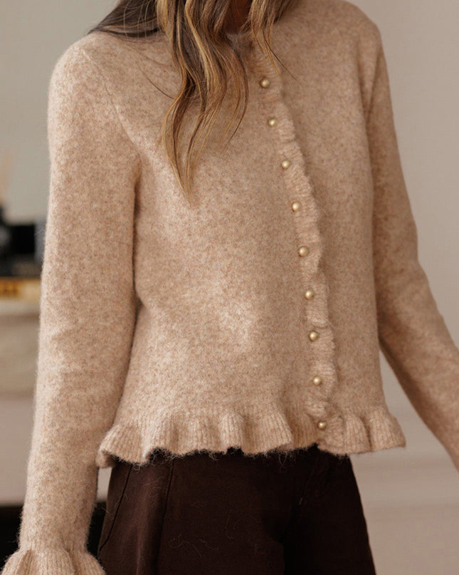 Oatmeal Ruffle Trim Gold Button Sweater Cardigan