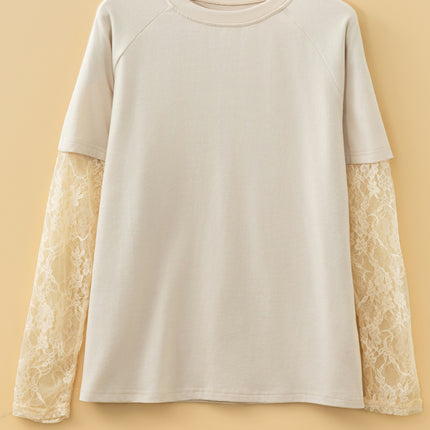 Jet Stream Solid Color Lace Patchwork Long Sleeve T Shirt