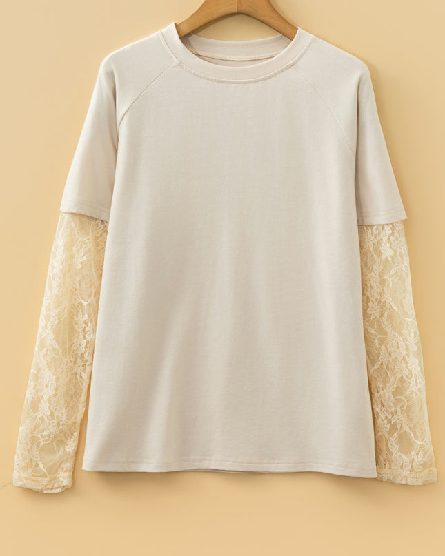Jet Stream Solid Color Lace Patchwork Long Sleeve T Shirt