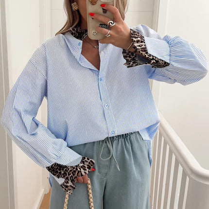 Sky Blue Stripe Ruffled Leopard Patchwork Long Sleeve Button Down Loose Shirt