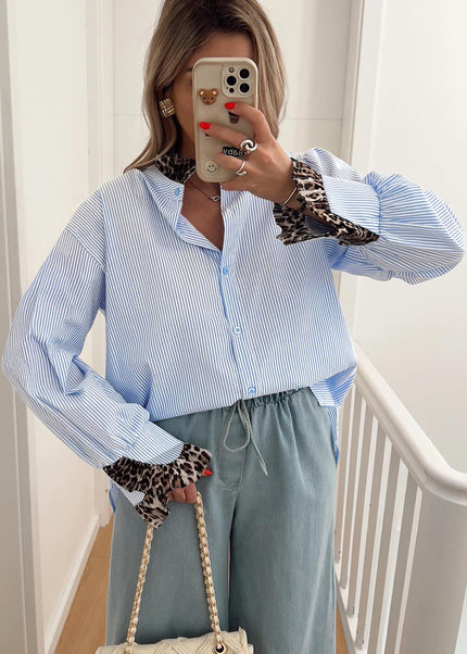 Sky Blue Stripe Ruffled Leopard Patchwork Long Sleeve Button Down Loose Shirt