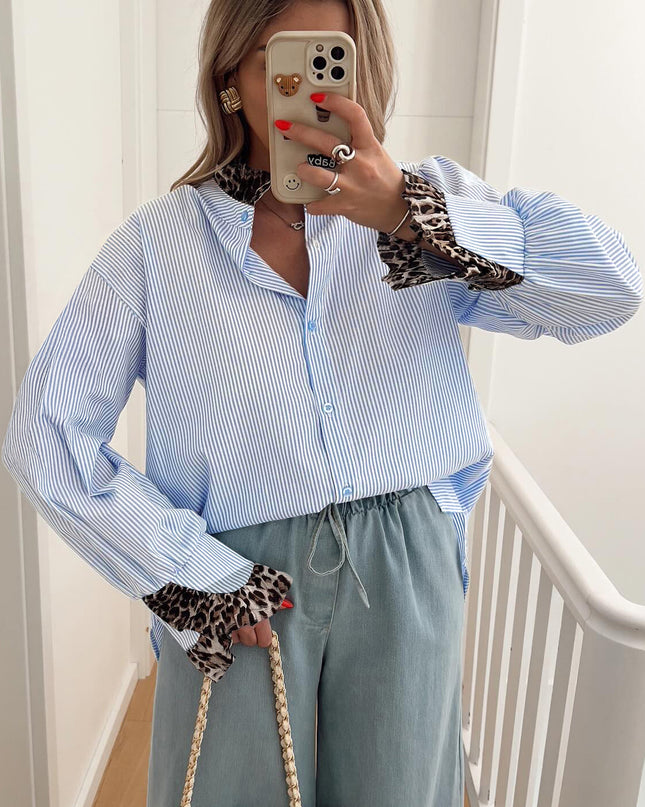 Sky Blue Stripe Ruffled Leopard Patchwork Long Sleeve Button Down Loose Shirt