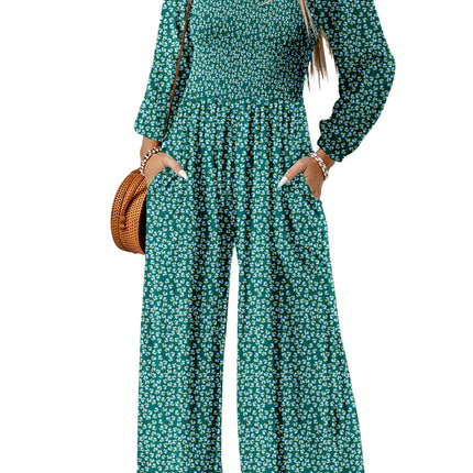 Brown Floral Print Western Smocked Bodice Square Neck Wide Leg Jumpsuit