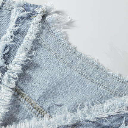Beau Blue Frayed Edge Flap Pockets Denim Vest Jacket