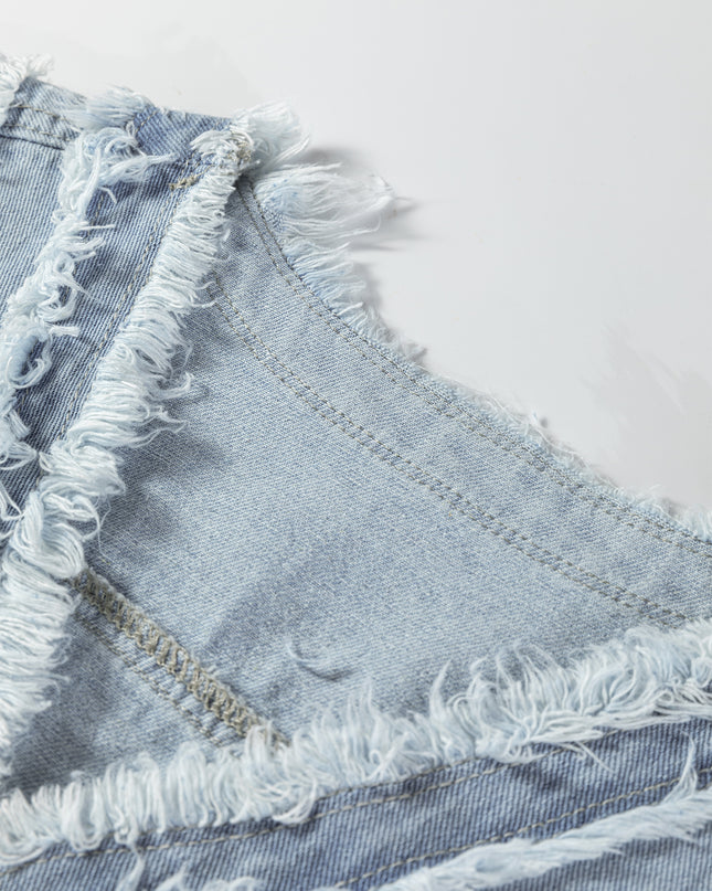 Beau Blue Frayed Edge Flap Pockets Denim Vest Jacket