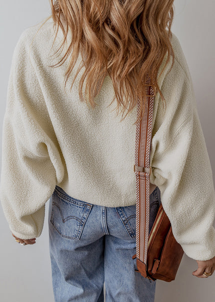 White Fleece Placket Turn-down Collar Drop Shoulder Sweatshirt