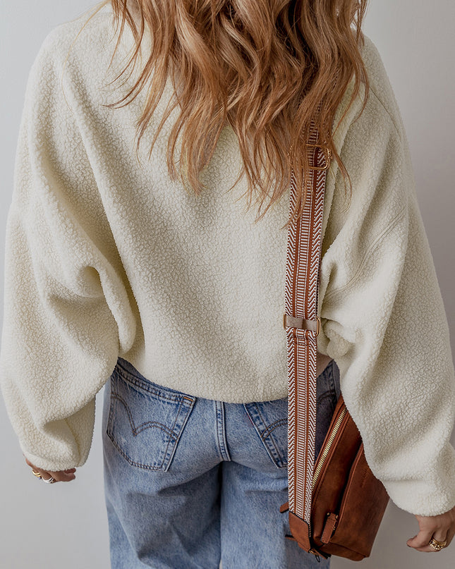 White Fleece Placket Turn-down Collar Drop Shoulder Sweatshirt