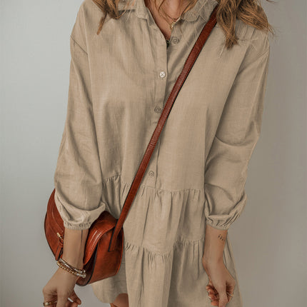 Tan Puff Sleeve Buttoned Tiered Pleated Shirt Mini Dress