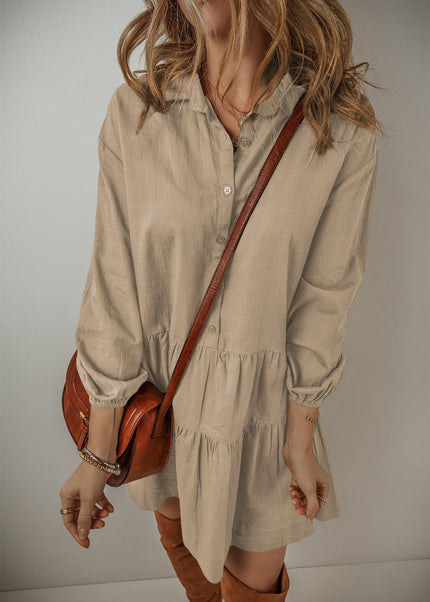 Tan Puff Sleeve Buttoned Tiered Pleated Shirt Mini Dress