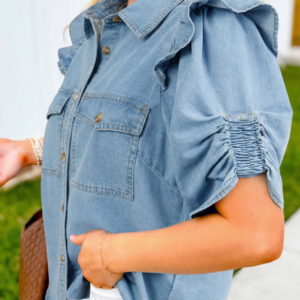 Myosotis Ruffle Detail Short Puff Sleeve Button Down Flap Pocket Denim Shirt