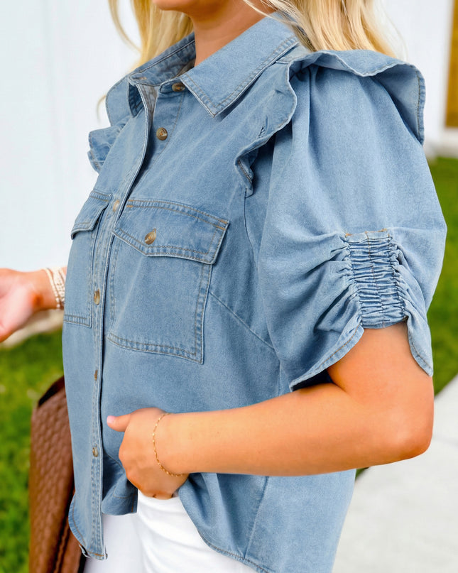 Myosotis Ruffle Detail Short Puff Sleeve Button Down Flap Pocket Denim Shirt