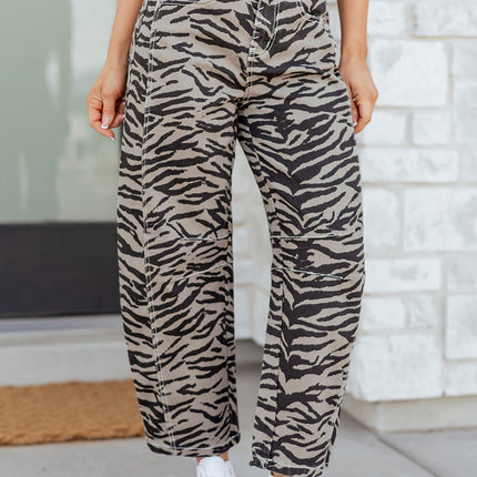 Gray Zebra Stripe Printed Wide Leg Jeans