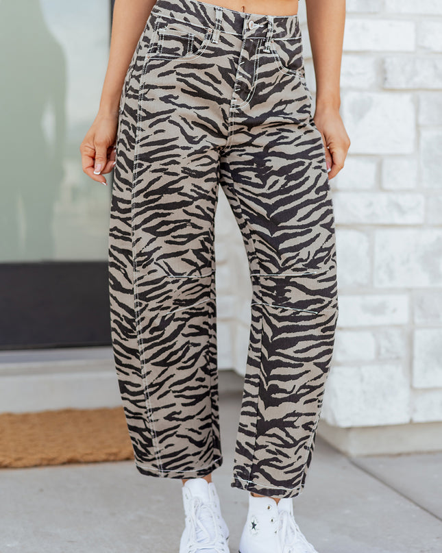 Gray Zebra Stripe Printed Wide Leg Jeans