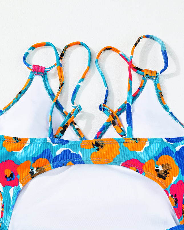 Sky Blue Adjustable Straps Ribbed Knit One Piece Swimsuit