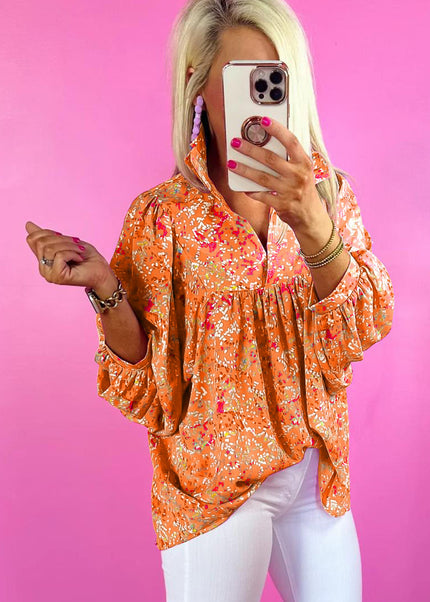 Bonbon Abstract Print Collared V Neck Babydoll Blouse