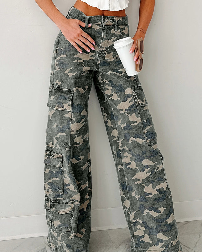Green Camo Denim Cargo Wide Leg Pants